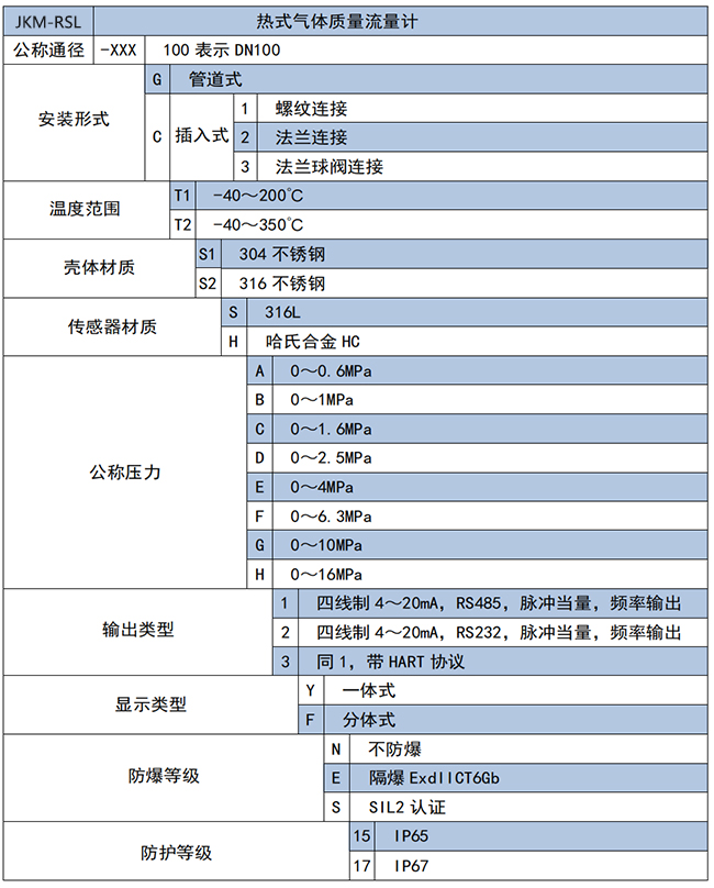 高溫型熱式氣體質量流量計選項表